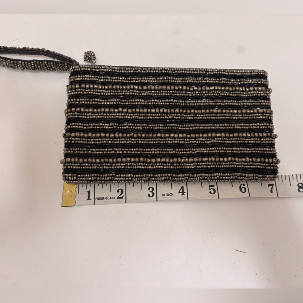 Black silver Beaded mini clutch small purse‎ wristlet striped evening retro - Picture 3 of 6